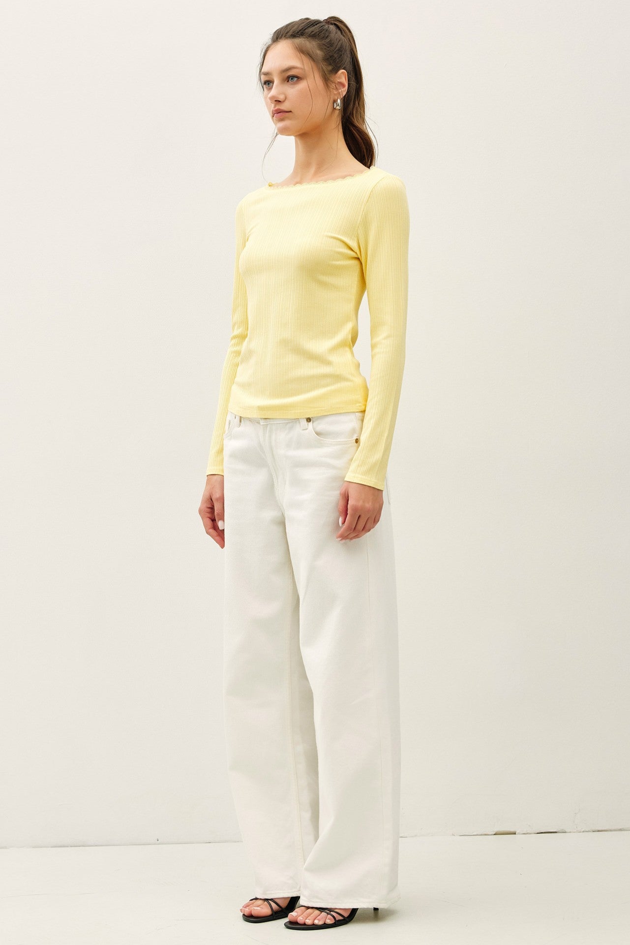 Noa Lace Trim Ribbed Boat Neck Top