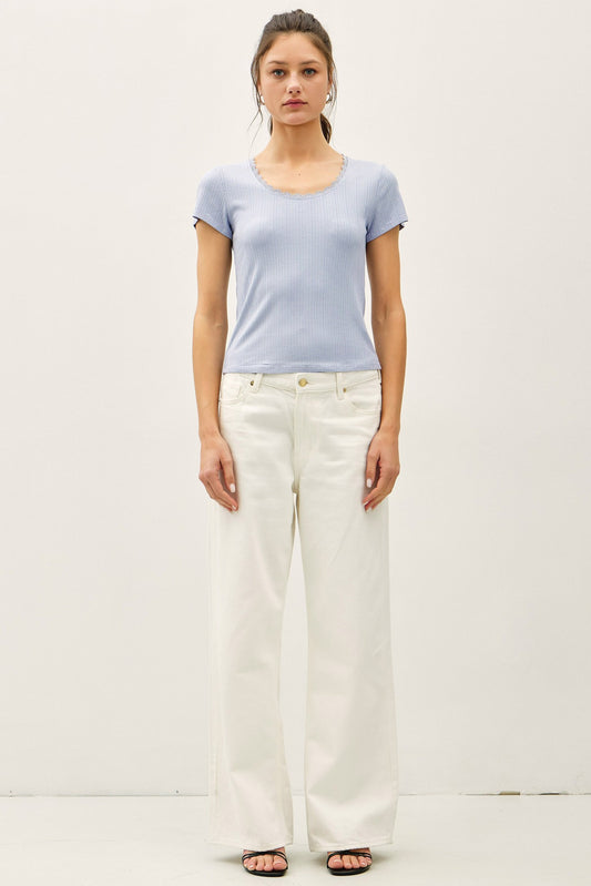  slim-fit ribbed scoop neck tee with delicate lace trim 