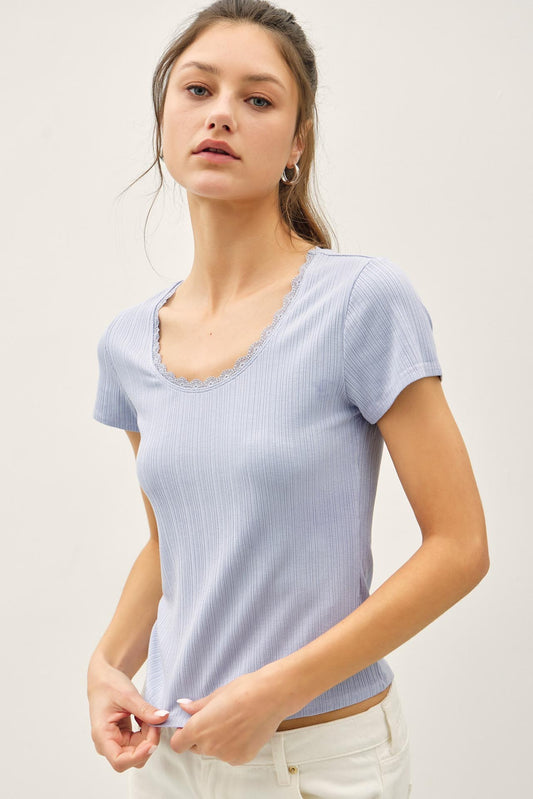  slim-fit ribbed scoop neck tee with delicate lace trim 