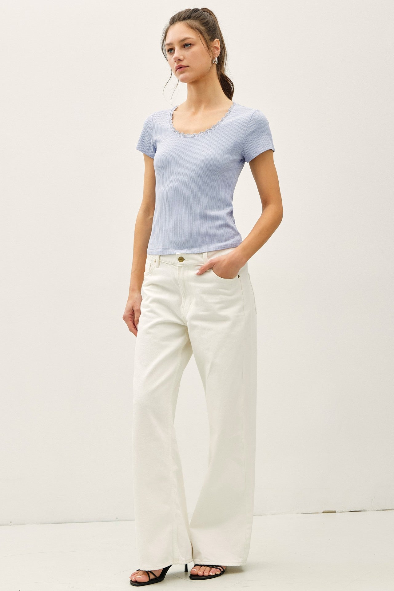  slim-fit ribbed scoop neck tee with delicate lace trim 