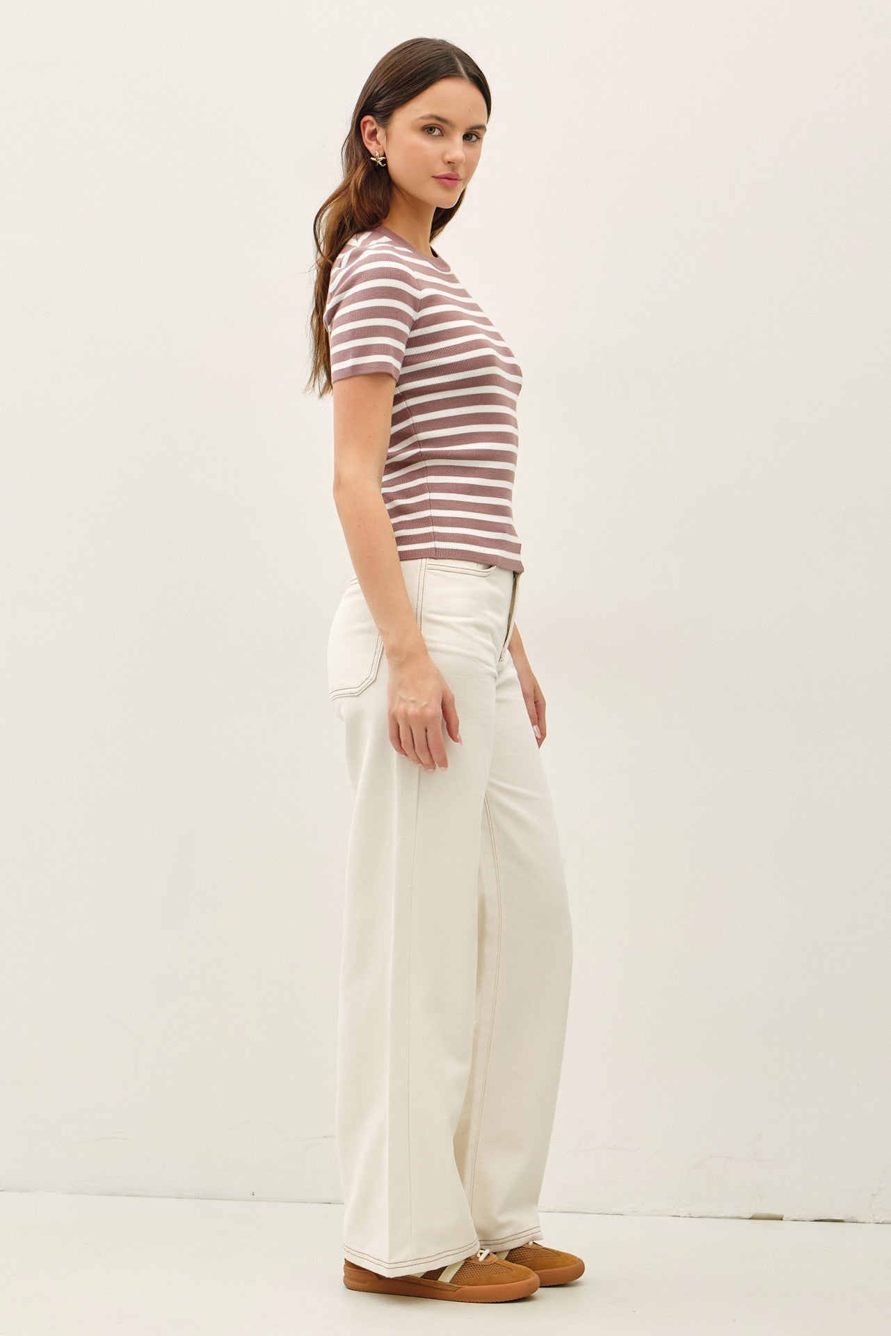 Classic striped crewneck short sleeve sweater with ribbed trim