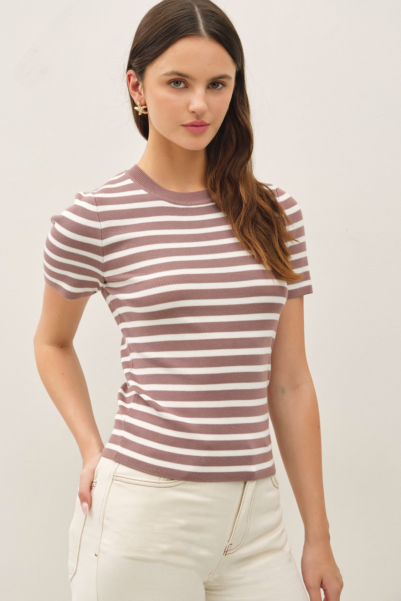 Classic striped crewneck short sleeve sweater with ribbed trim