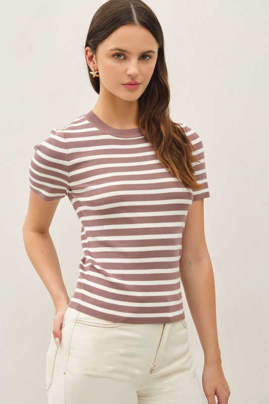Classic striped crewneck short sleeve sweater with ribbed trim