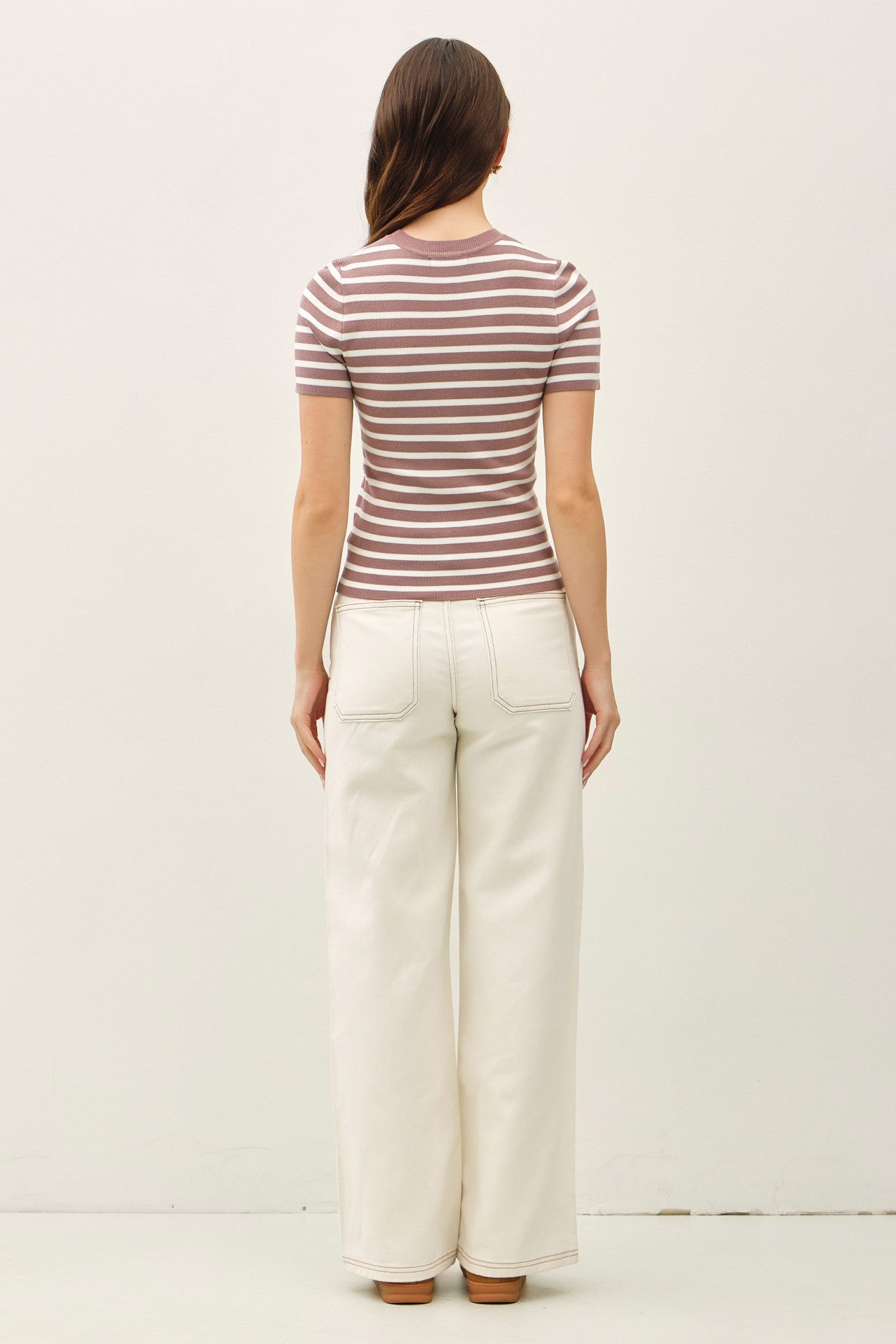 Classic striped crewneck short sleeve sweater with ribbed trim