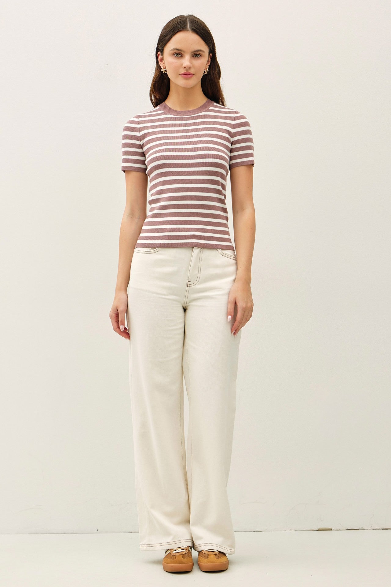 Classic striped crewneck short sleeve sweater with ribbed trim