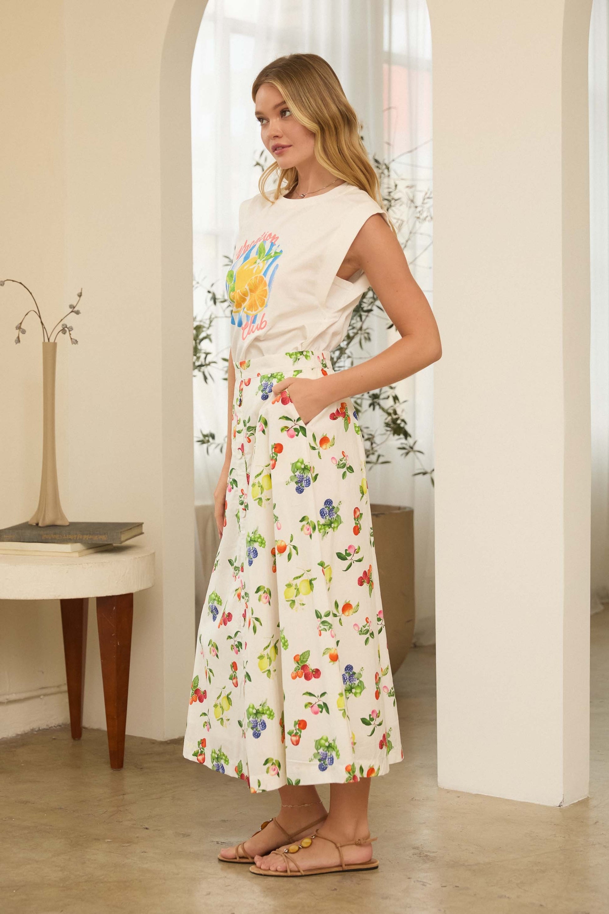 Fruit print button-front midi skirt with A-line silhouette