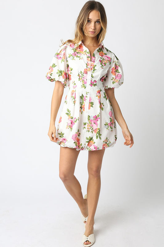 Olivia floral puff sleeve mini dress with bubble hem