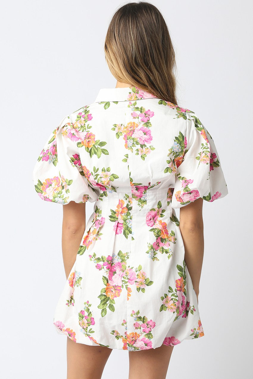 Olivia floral puff sleeve mini dress with bubble hem
