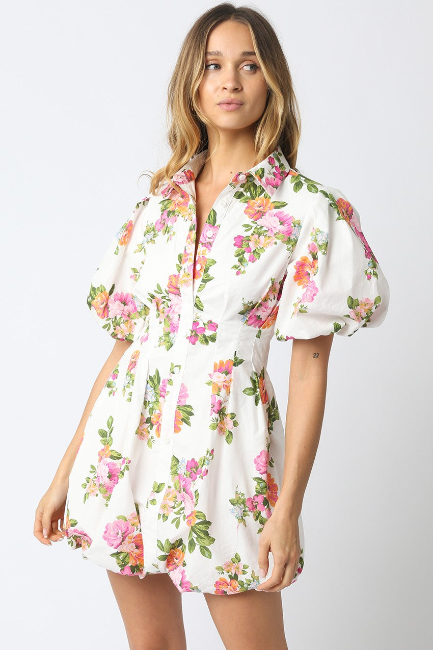 Olivia floral puff sleeve mini dress with bubble hem