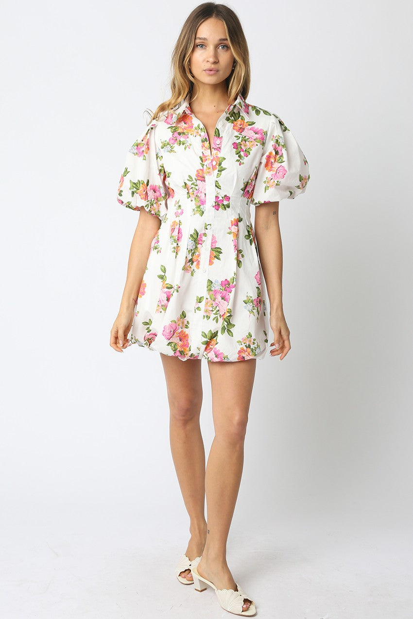 Olivia floral puff sleeve mini dress with bubble hem