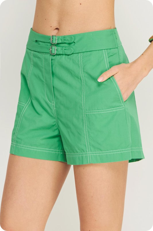 cotton-modal poplin shorts with contrast topstitching, double buckle waist detail, and a comfortable elastic back