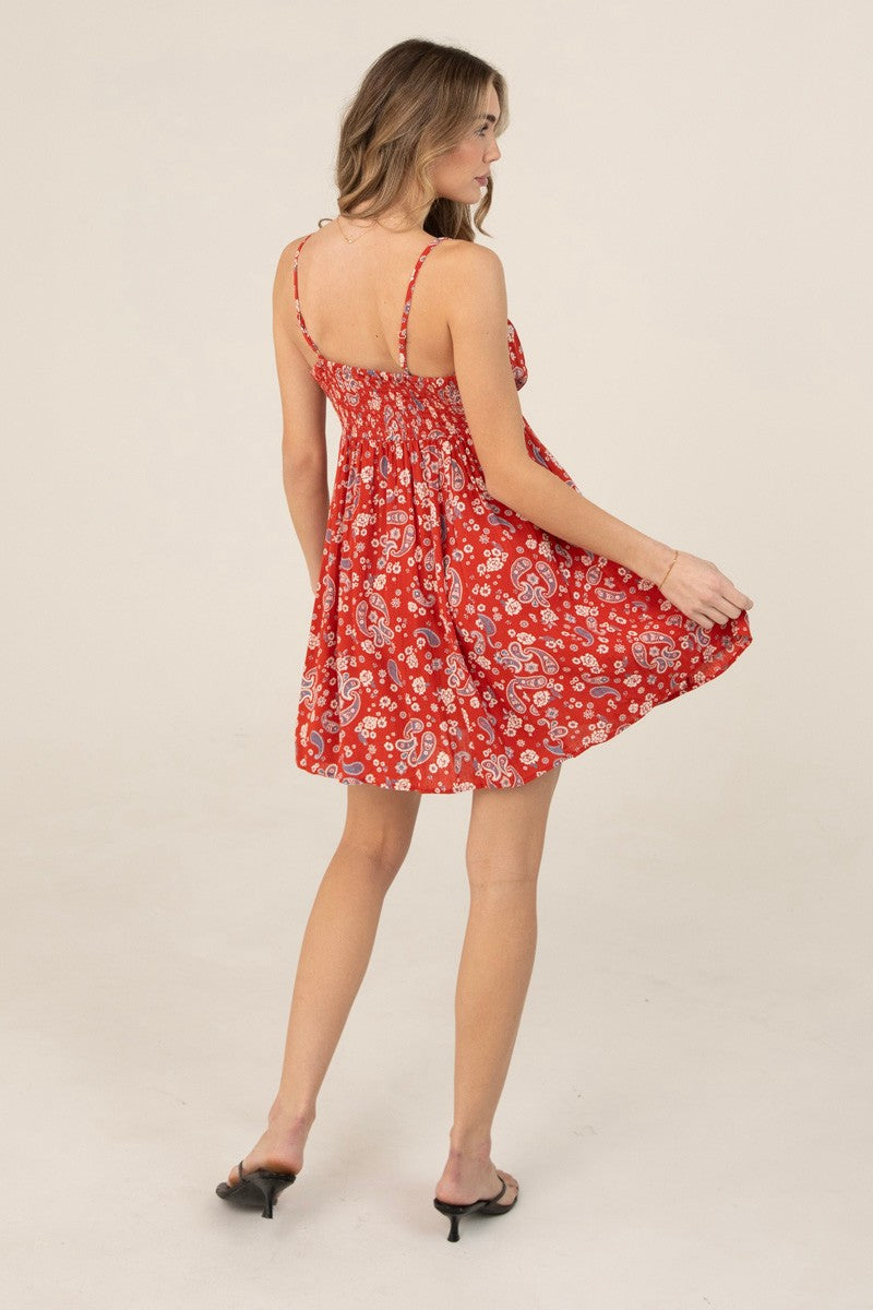 PAISLEY PRINT SPG STRAP BABYDOLL TIE BUST DRESS