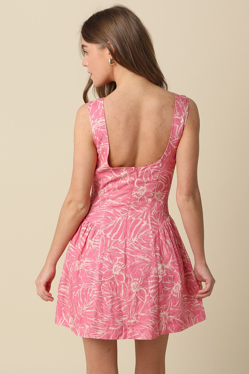 Briana sleeveless printed mini dress with slit neckline