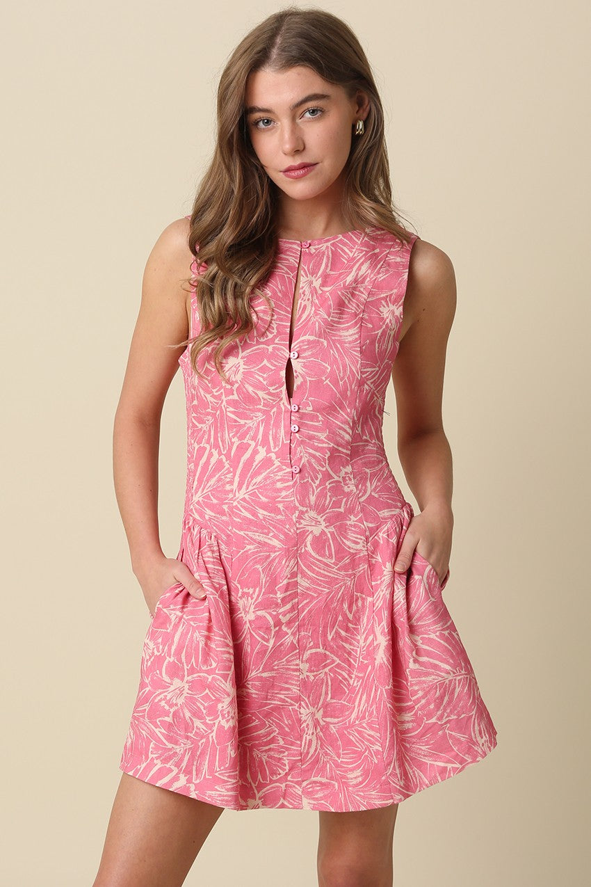 Briana sleeveless printed mini dress with slit neckline
