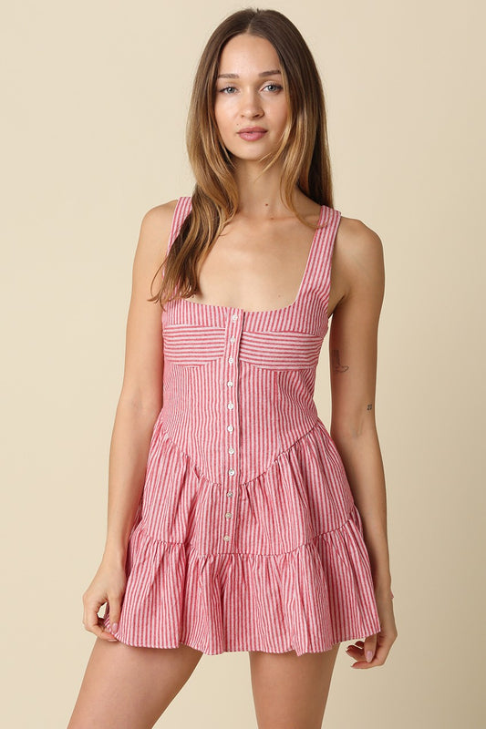 striped cotton romper featuring a square neckline, button-front bodice, and tiered flared shorts