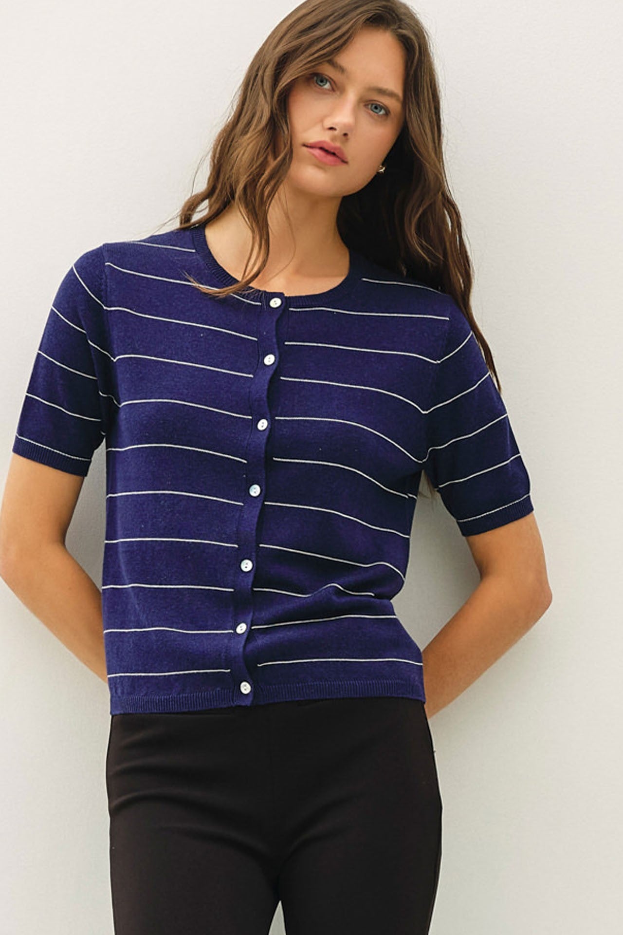 Striped crew neck short sleeve cardigan with button front