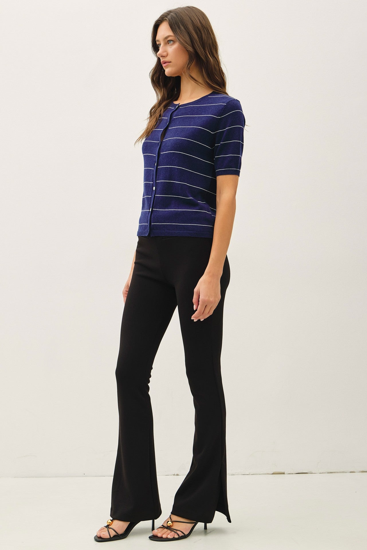 Striped crew neck short sleeve cardigan with button front