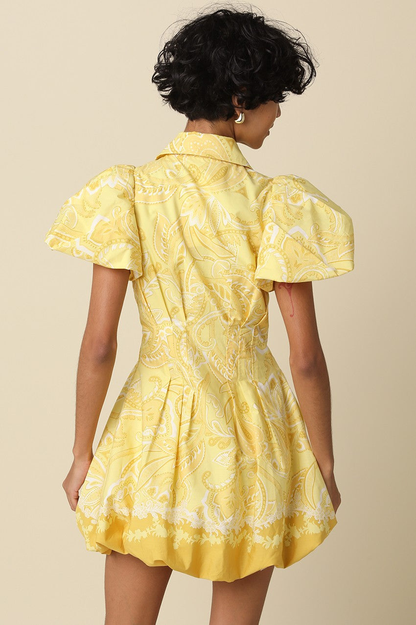 Yellow puff sleeve tropical mini dress