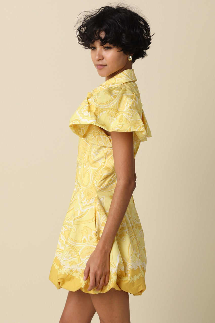 Yellow puff sleeve tropical mini dress