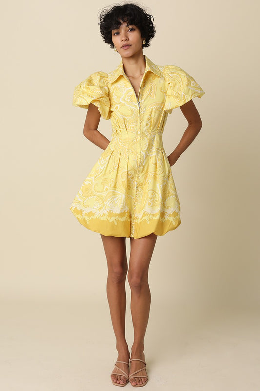 Yellow puff sleeve tropical mini dress