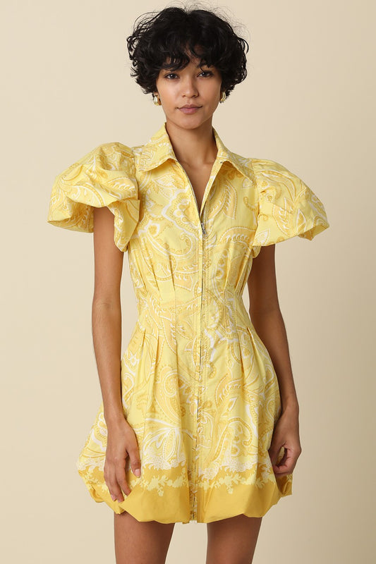 Yellow puff sleeve tropical mini dress