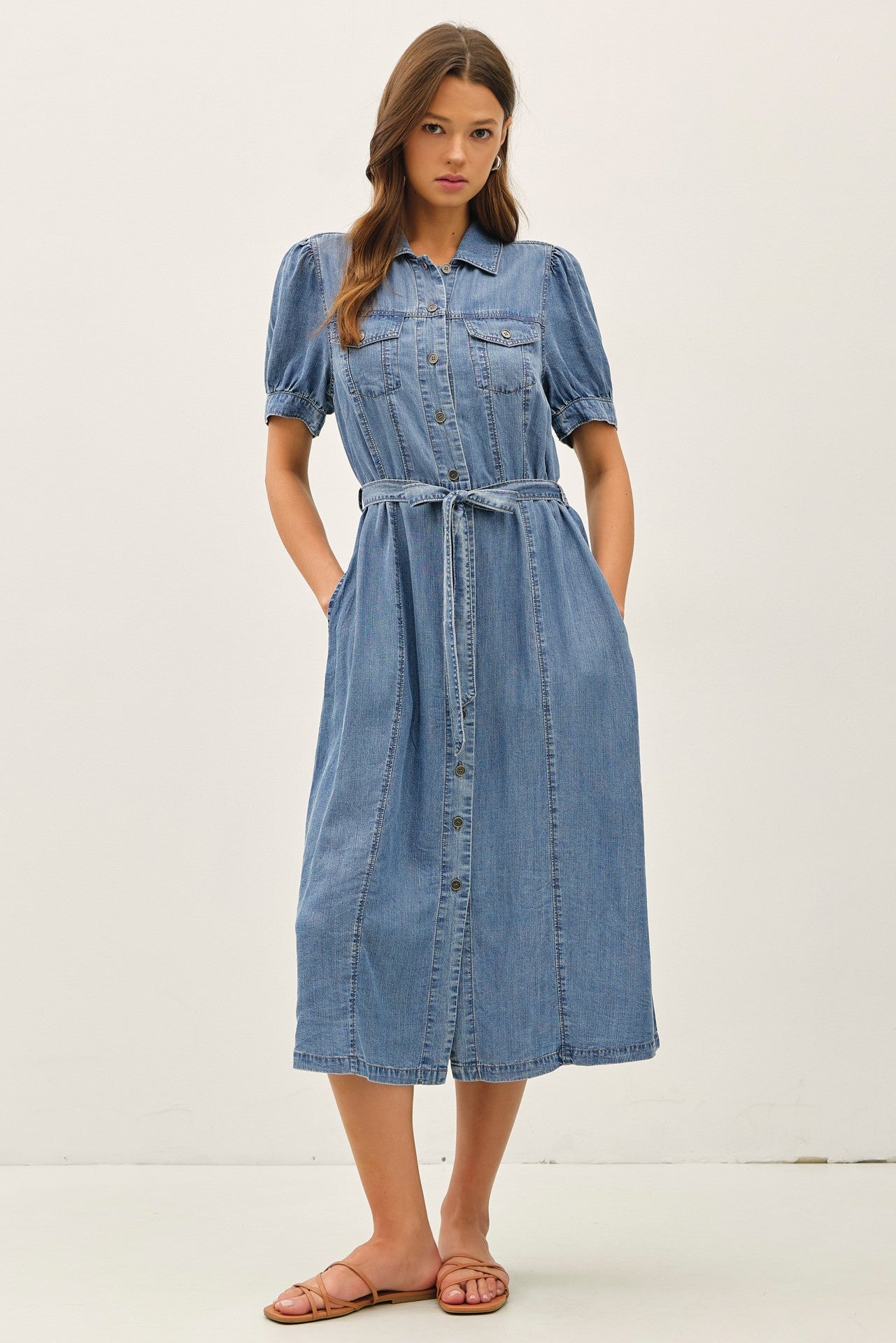Puff sleeve belted denim midi shirtdress