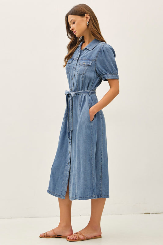 Puff sleeve belted denim midi shirtdress