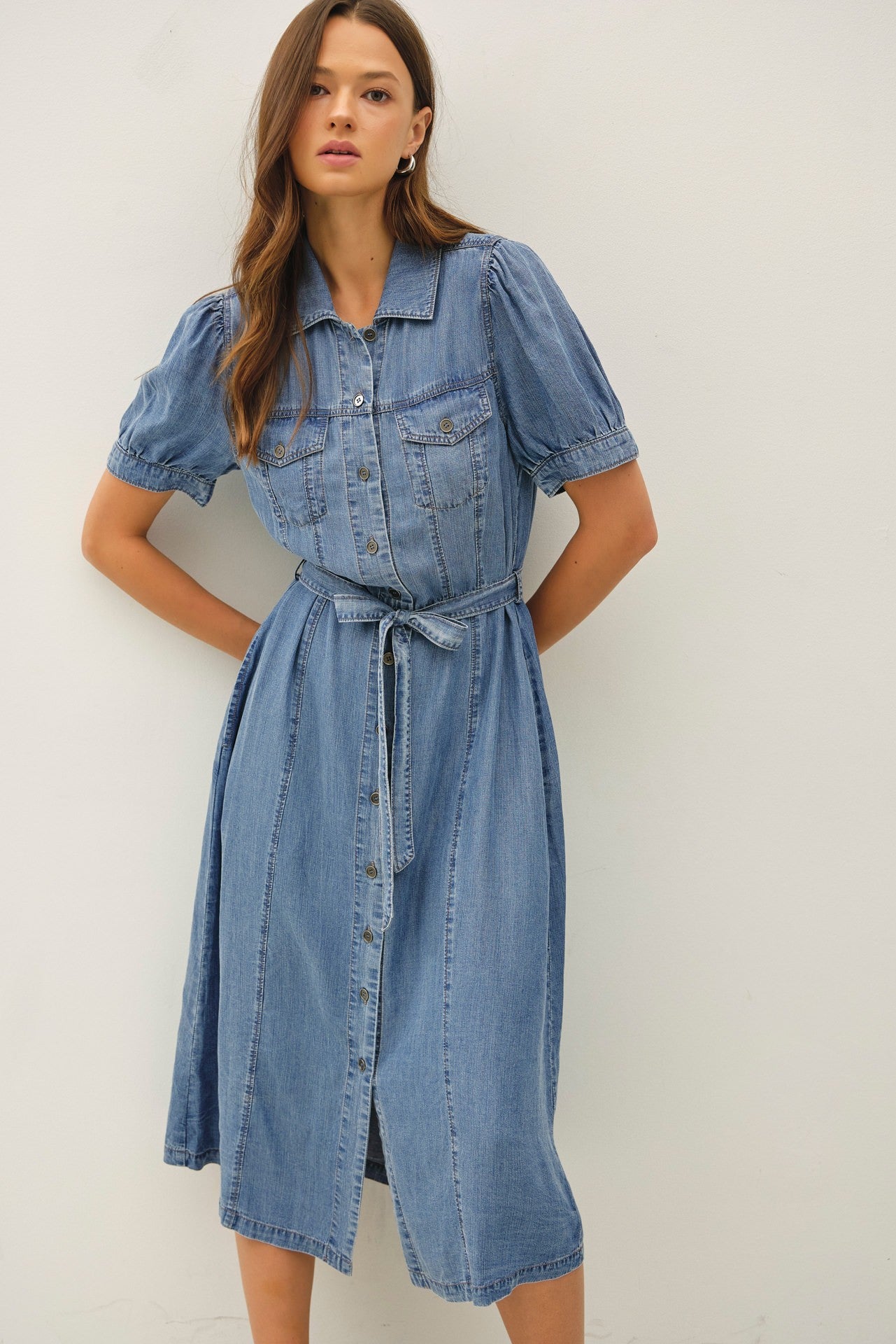Puff sleeve belted denim midi shirtdress