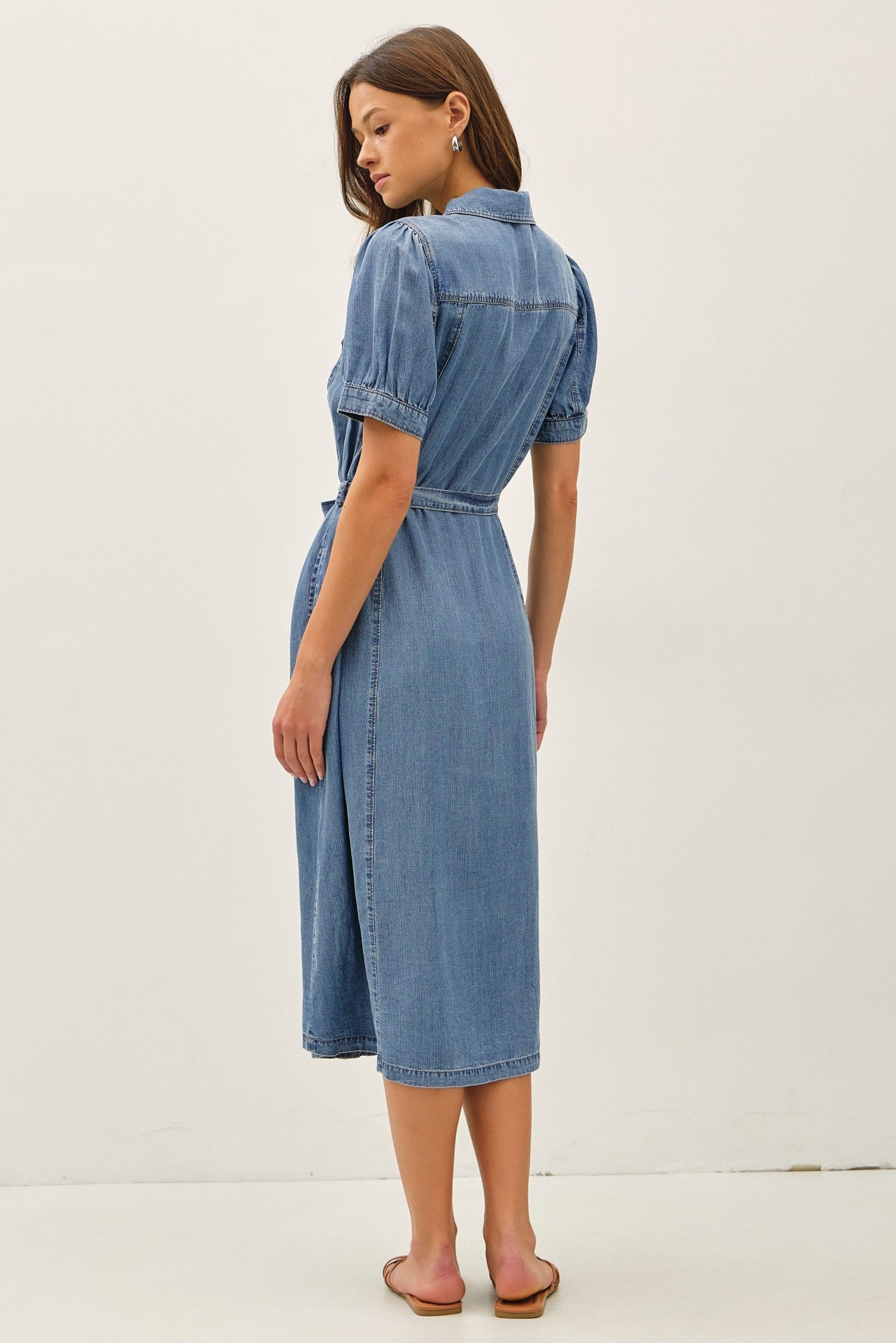 Puff sleeve belted denim midi shirtdress