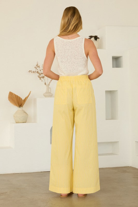 Stripe Double Waist Pants feature a layered high-rise waistband and relaxed wide-leg silhouette