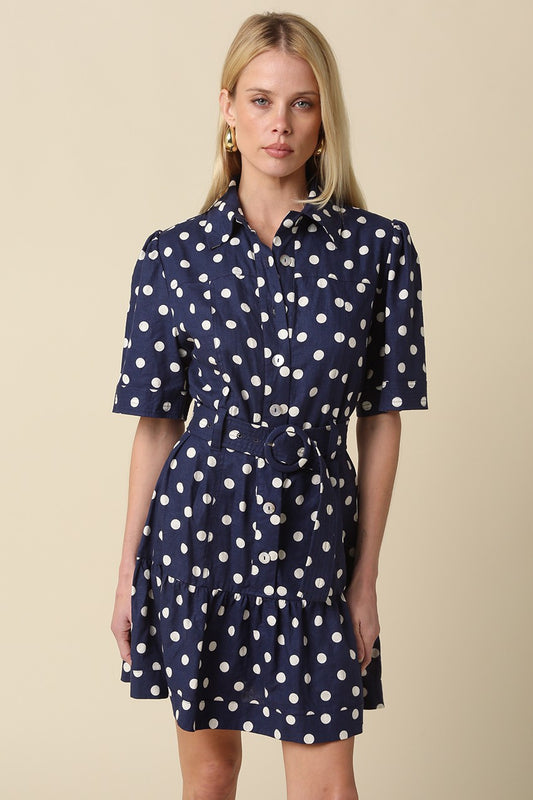 polka dot shirt dress featuring a removable tie belt and flounce hem