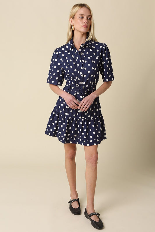 polka dot shirt dress featuring a removable tie belt and flounce hem