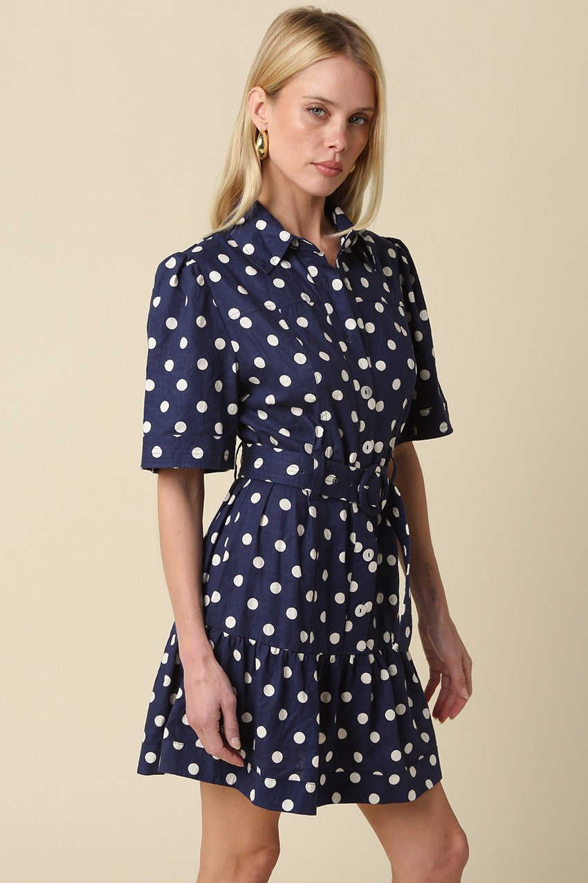 polka dot shirt dress featuring a removable tie belt and flounce hem