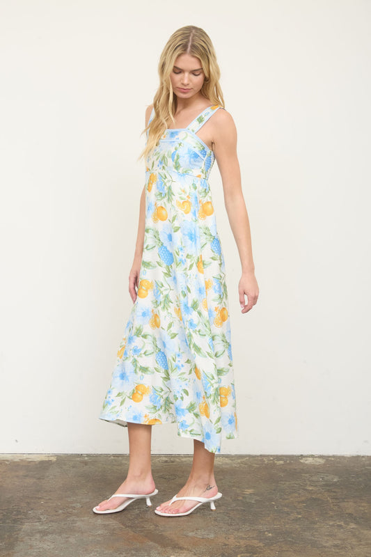 Floral Midi Dress features a sleeveless A-line silhouette, square neckline, and playful floral-and-fruit pattern