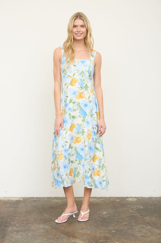 Floral Midi Dress features a sleeveless A-line silhouette, square neckline, and playful floral-and-fruit pattern