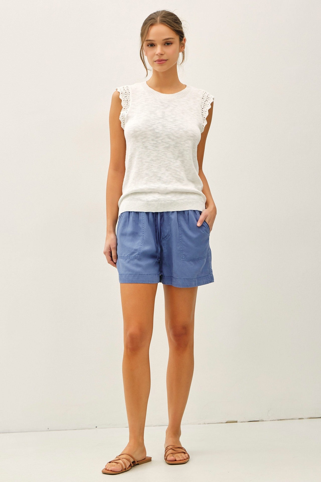 lightweight slub knit sweater tank with delicate crochet ruffle cap sleeves