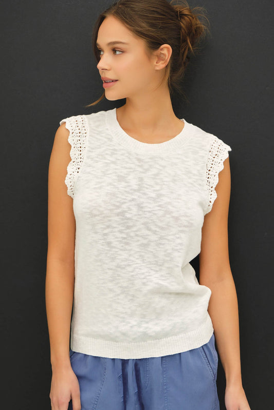 lightweight slub knit sweater tank with delicate crochet ruffle cap sleeves