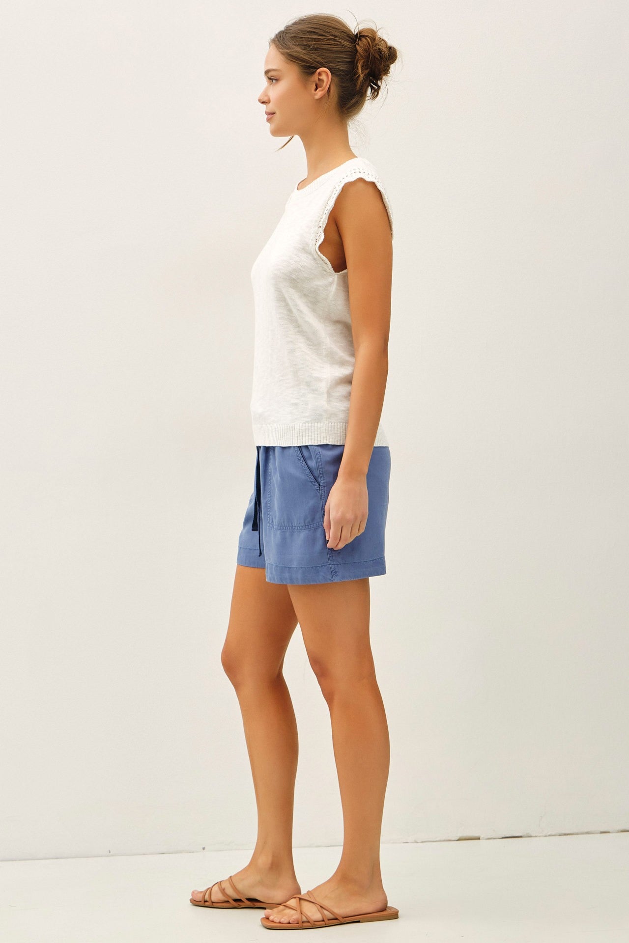 lightweight slub knit sweater tank with delicate crochet ruffle cap sleeves