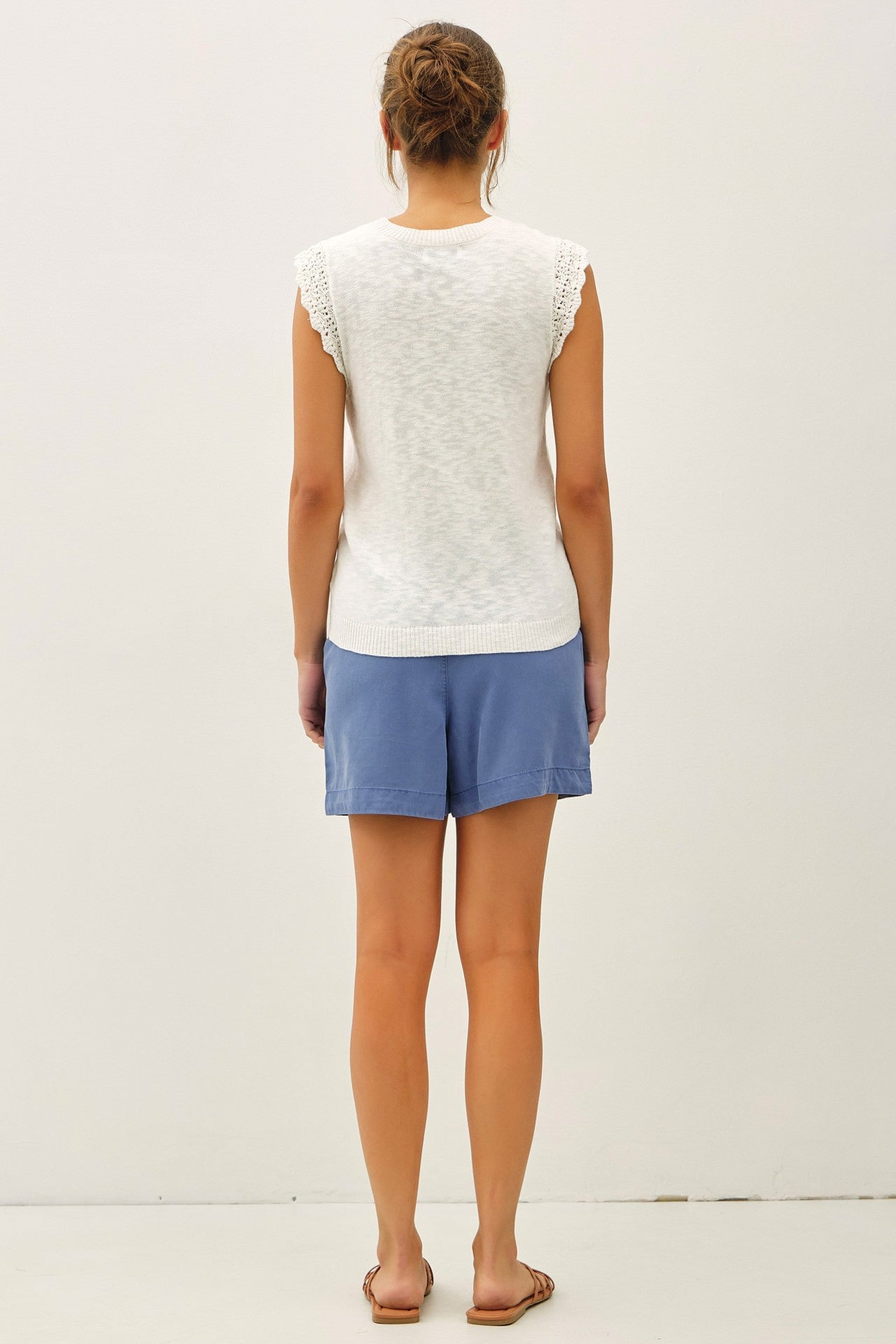 lightweight slub knit sweater tank with delicate crochet ruffle cap sleeves