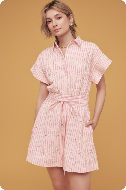 striped mini shirt dress with embroidered eyelet details, a cinched waist, and a relaxed A-line skirt