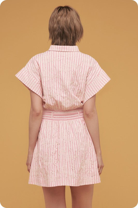 striped mini shirt dress with embroidered eyelet details, a cinched waist, and a relaxed A-line skirt