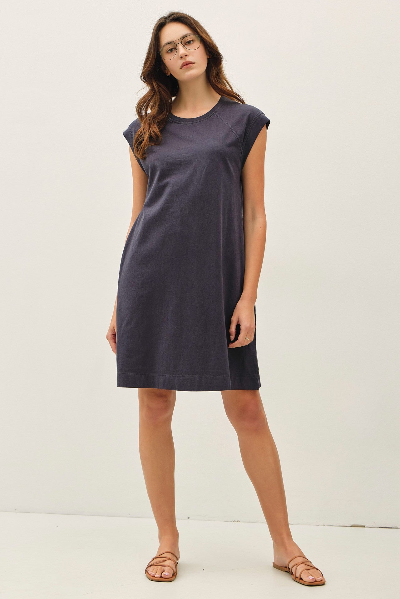 soft garment-washed jersey dress with capped raglan sleeves and pockets