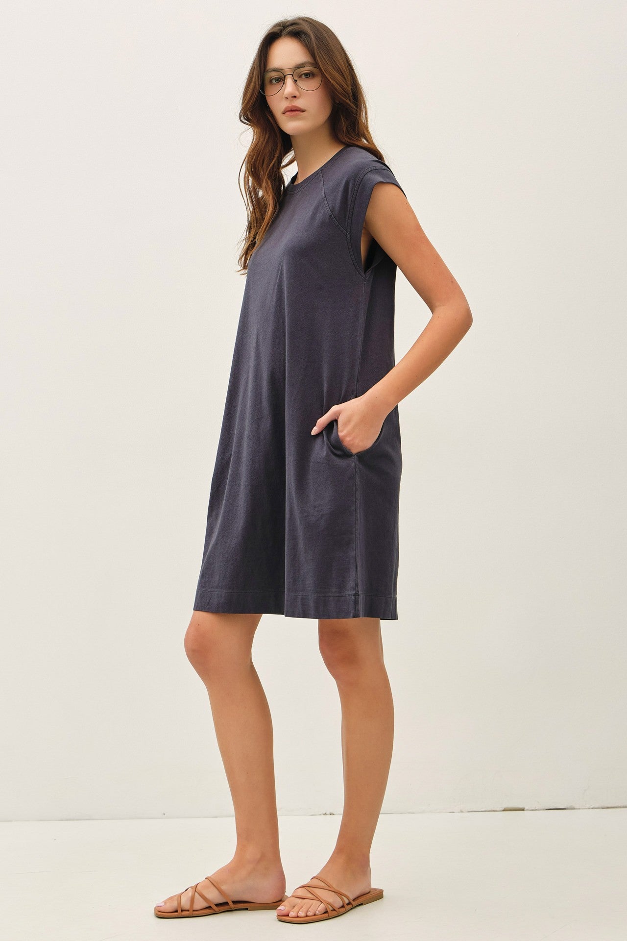 soft garment-washed jersey dress with capped raglan sleeves and pockets