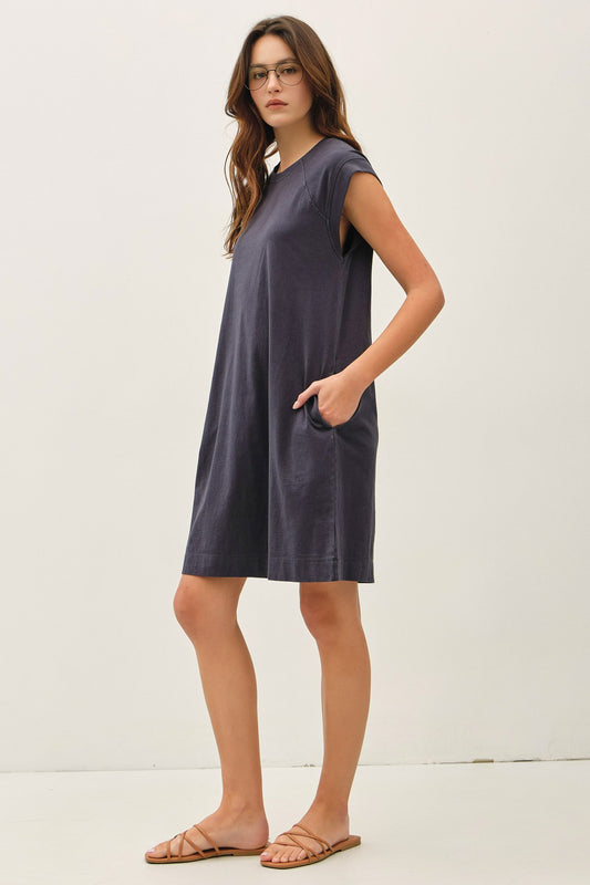 soft garment-washed jersey dress with capped raglan sleeves and pockets
