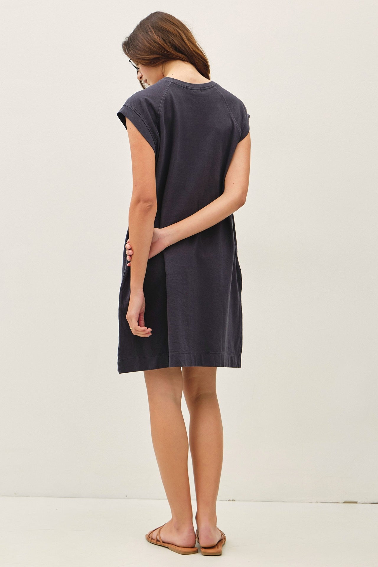 soft garment-washed jersey dress with capped raglan sleeves and pockets