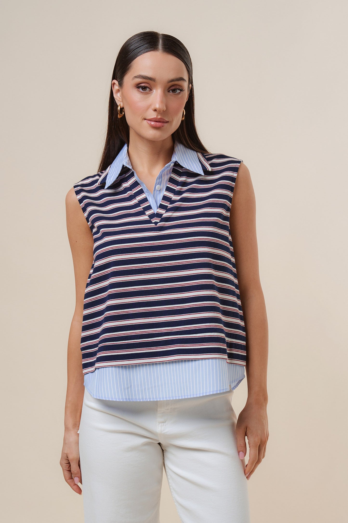 Striped Knit Top features a layered-look design