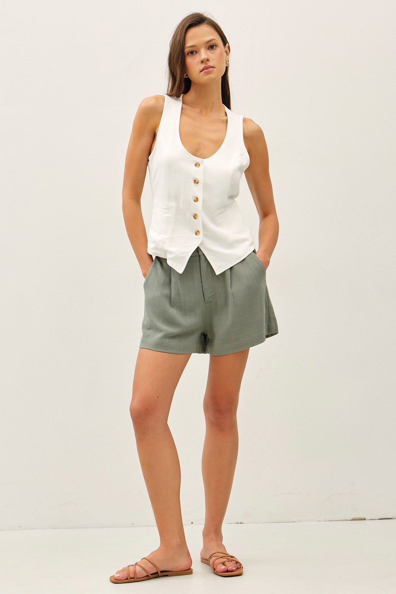 linen-blend suit vest with a V-neckline and adjustable back belt