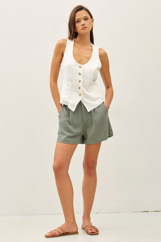 linen-blend suit vest with a V-neckline and adjustable back belt