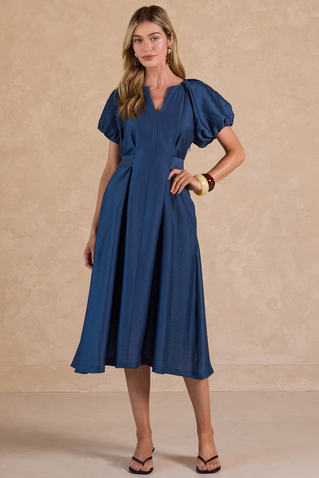 The Nicole Puff Sleeve A-Line Midi Dress