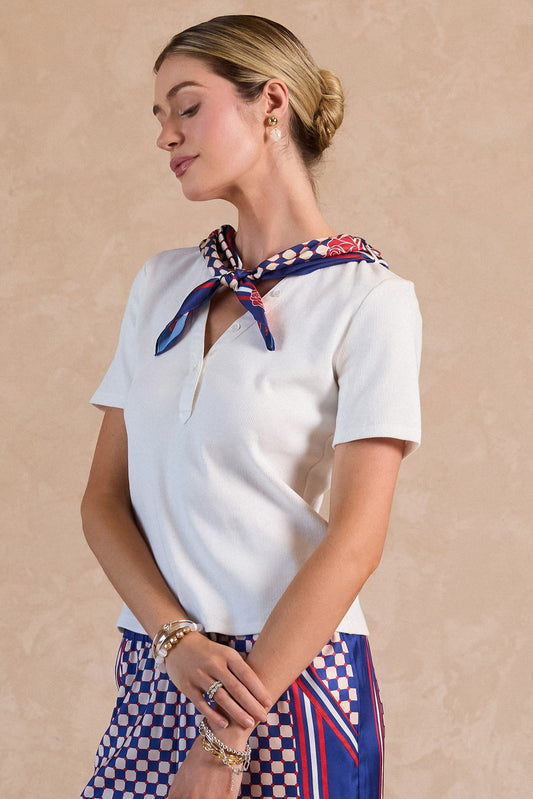 Ribbed knit top paired with a matching geo checkerboard printed scarf